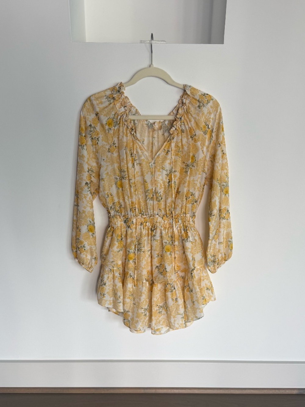 LoveShackFancy Popover Floral Silk Mini Dress in Yellow